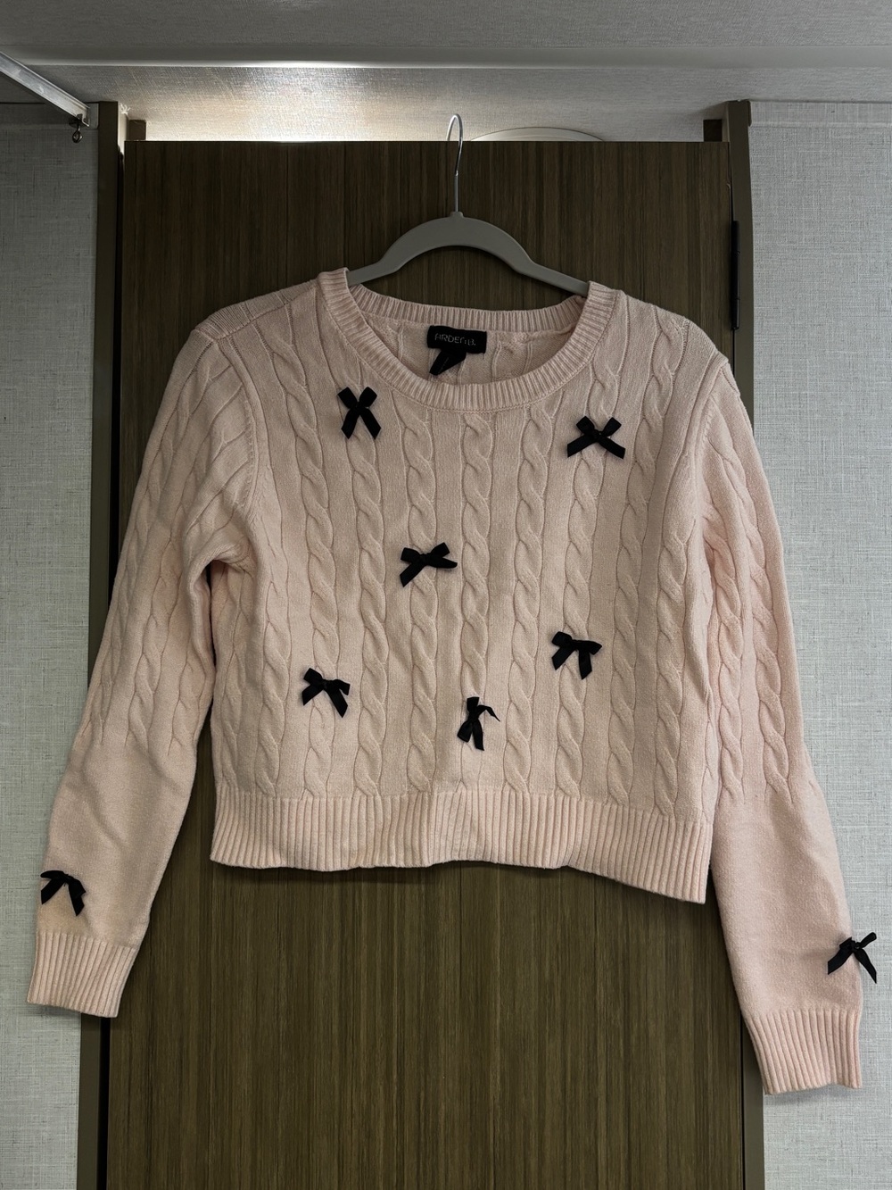 Forever 21 Light Pink Cable-Knit Sweater with Black Bow Accents